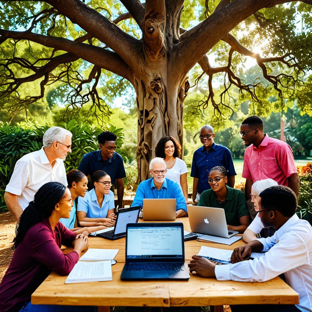 A diverse group of people of various ages and backgrounds engaging in a lively discussion around a table, filled with books and laptops, symbolizing mentorship and collaboration. In the background, a tree with deep roots and vibrant leaves representing growth and connection. Bright sunlight filtering through, creating an inviting atmosphere that conveys warmth and community. super-realistic. vibrant colors. soft focus.