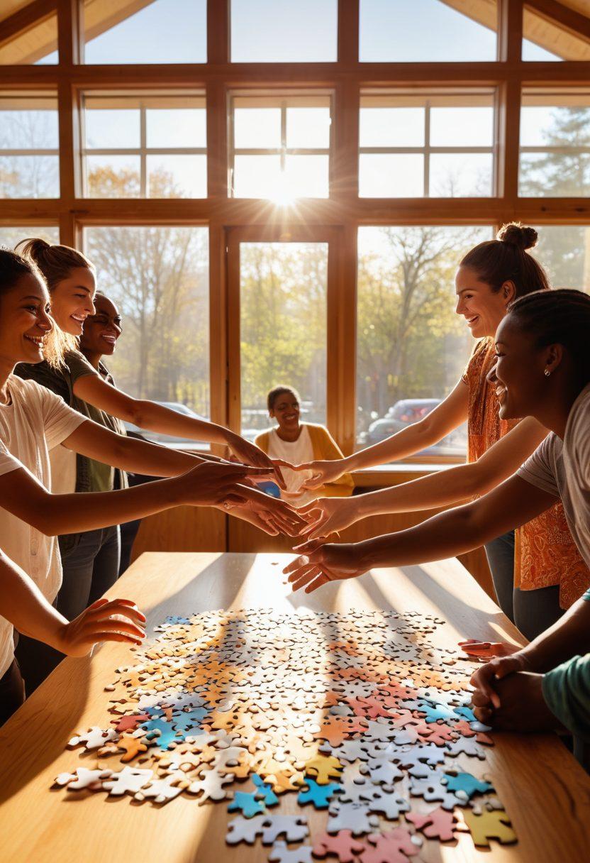 A diverse group of people from different backgrounds collaboratively working together, sharing ideas and smiles in a vibrant community center adorned with colorful posters of friendship and collaboration. Symbolic elements like interlocking puzzle pieces and a heart shape made of hands can be subtly included in the background to emphasize unity. The sun is shining through large windows, casting warm light on the scene. super-realistic. vibrant colors. warm tones.