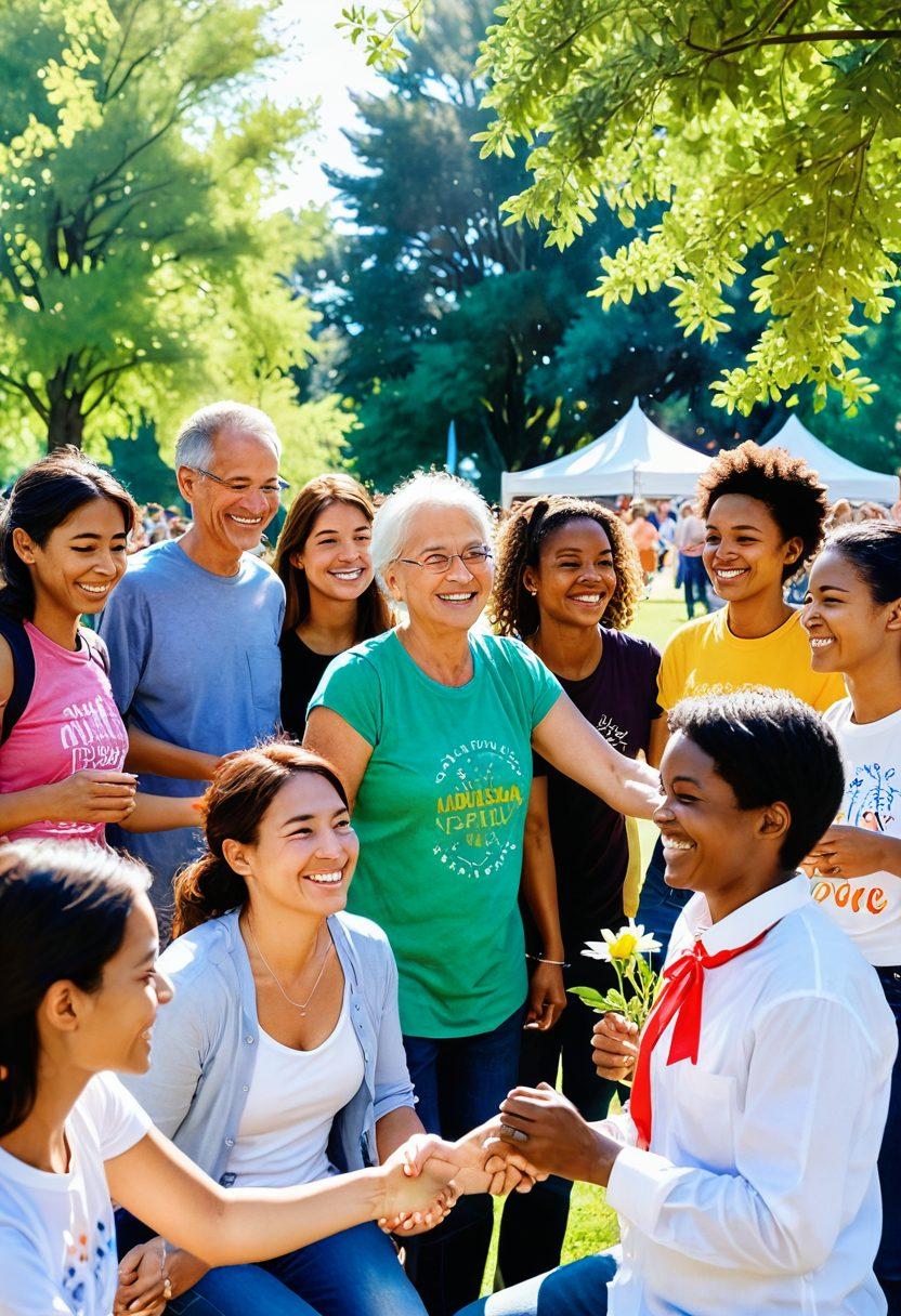 A vibrant community gathering in a park, showcasing diverse individuals of different ages and backgrounds engaging in joyful activities, sharing stories, and building connections. A symbolic bridge adorned with colorful flowers and ribbons in the background, representing unity and affection in the U46 community. Sunlight filtering through the trees, casting warm glows on smiling faces. watercolor painting. bright colors.